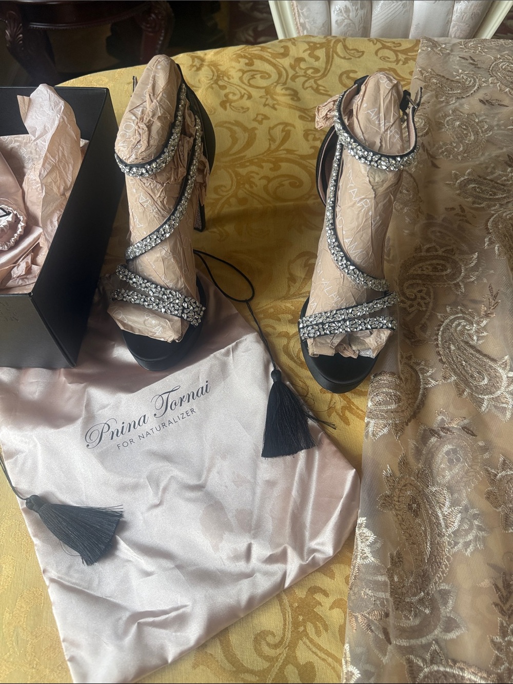 Pnina Tornai Black Crystal-Strap Evening Heels